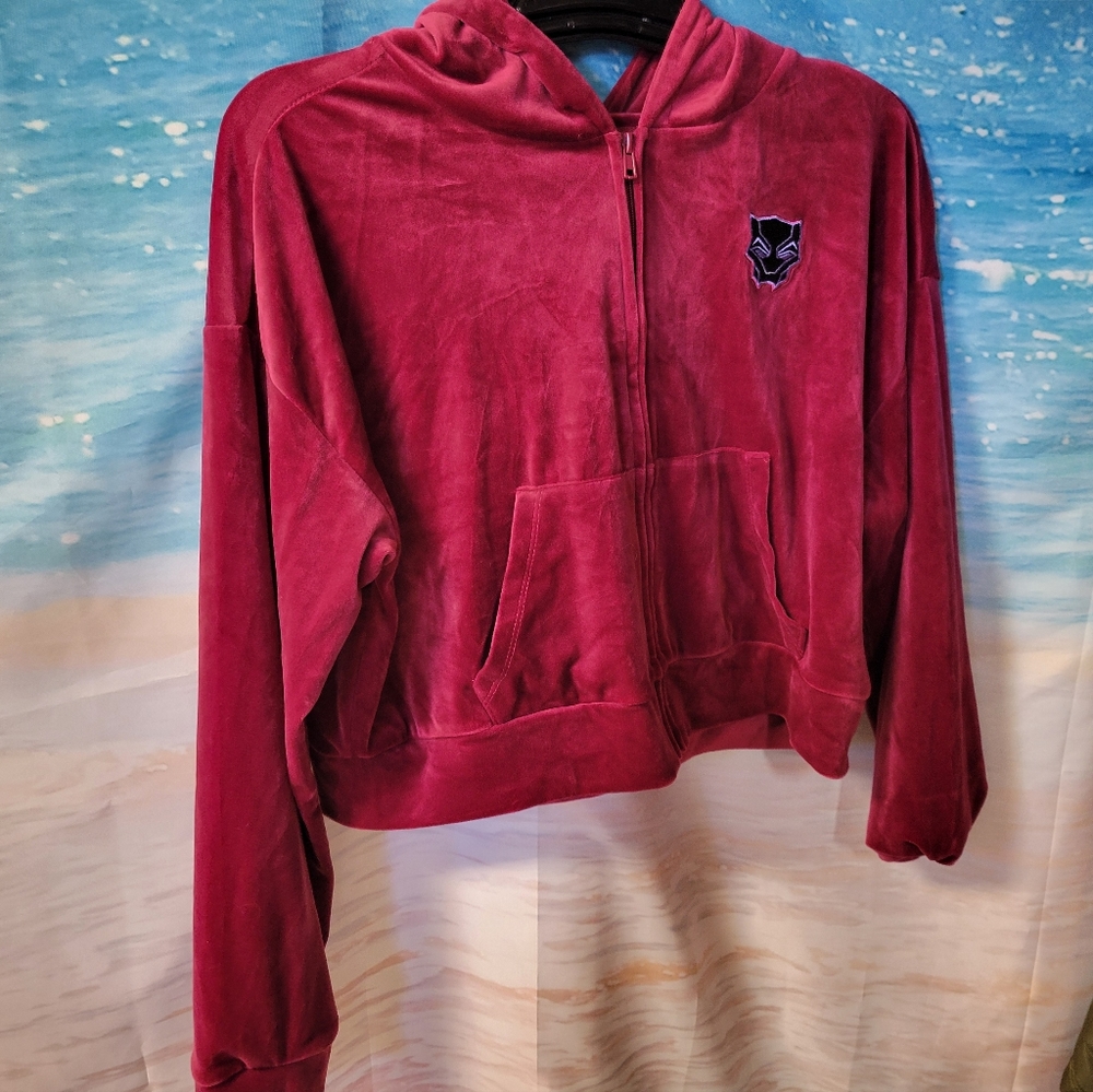 Marvel Black Panther Wakanda Forever Maroon Velour Zip Up Hoodie track Jacket XX